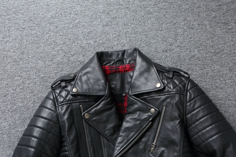 2024 New Style Autumn Winter First Layer Cowhide Leather Lapel Coat Men‘s Slim Short Youth Heavy Industry Motorcycle Jackets