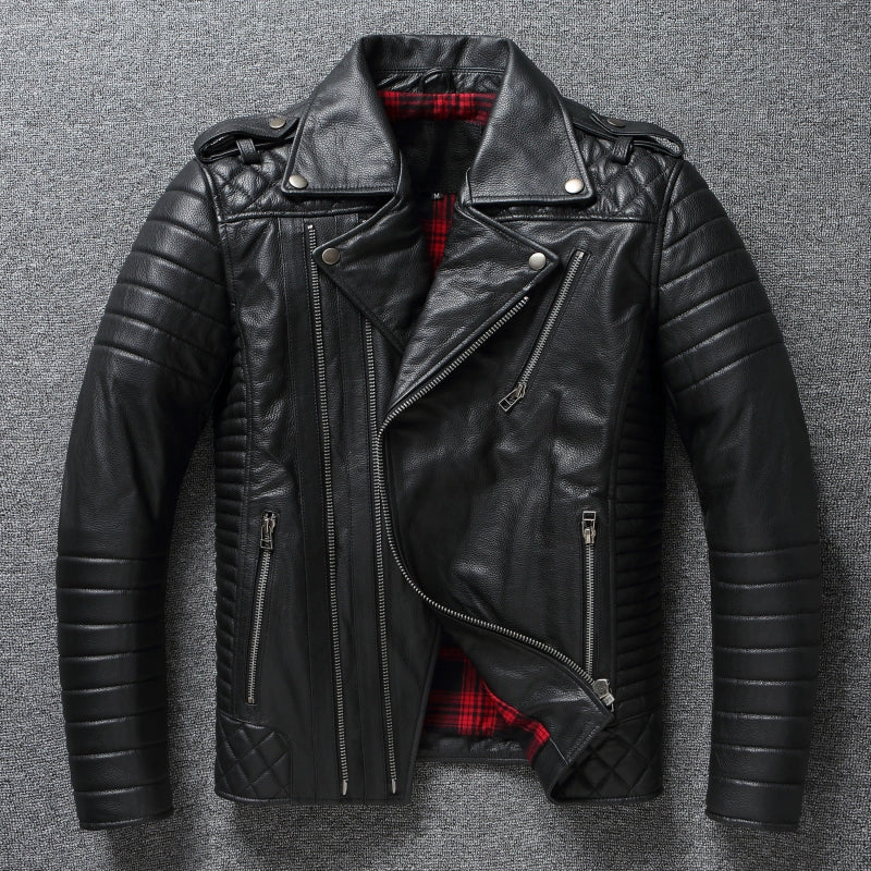 2024 New Style Autumn Winter First Layer Cowhide Leather Lapel Coat Men‘s Slim Short Youth Heavy Industry Motorcycle Jackets