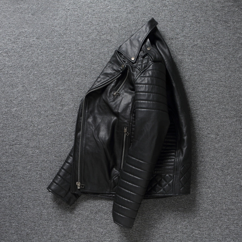 2024 New Style Autumn Winter First Layer Cowhide Leather Lapel Coat Men‘s Slim Short Youth Heavy Industry Motorcycle Jackets