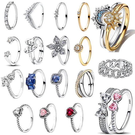 Original 925 Sterling Silver Rings For Women Flower Crown Love Heart Sun Moon Engagement Wedding Pink Bow Ring Luxury Jewelry