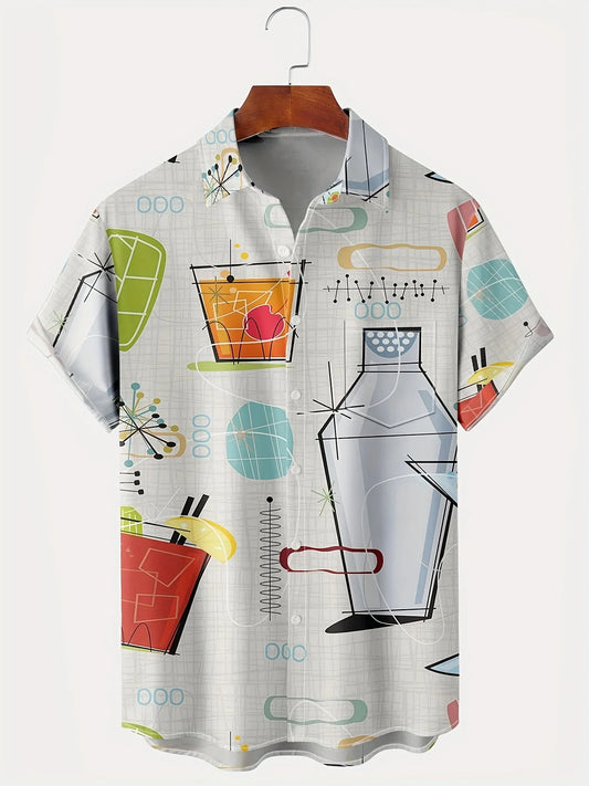 Men'S Vintage 60s Geometric Atomic Cocktail Shirt with Button Pocket,Polyester 100%, Regular Fit, Woven Fabric Slight Stretch