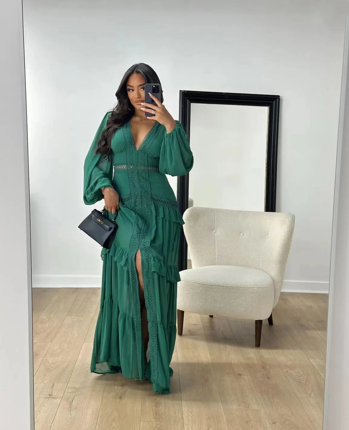 Maxi Dress Ruffles Long Sleeve Hollow Out Evening Dresses Party Chic Robe Green Blue Purple New In Holiday Summer