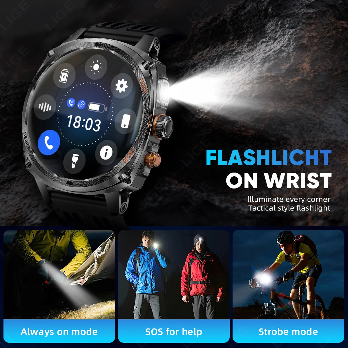 LIGE Rugged Military 1.75-inch AMOLED Screen Smart Watch With LED Flashlight 800mAh Battery Bluetooth Call Smart Watch Men Gift