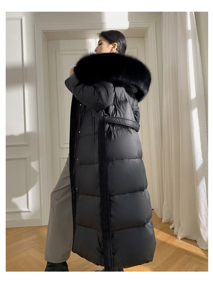 Women’s Luxury White Goose Down Coat – Hooded Long Jacket with Fox Fur Collar & Belt