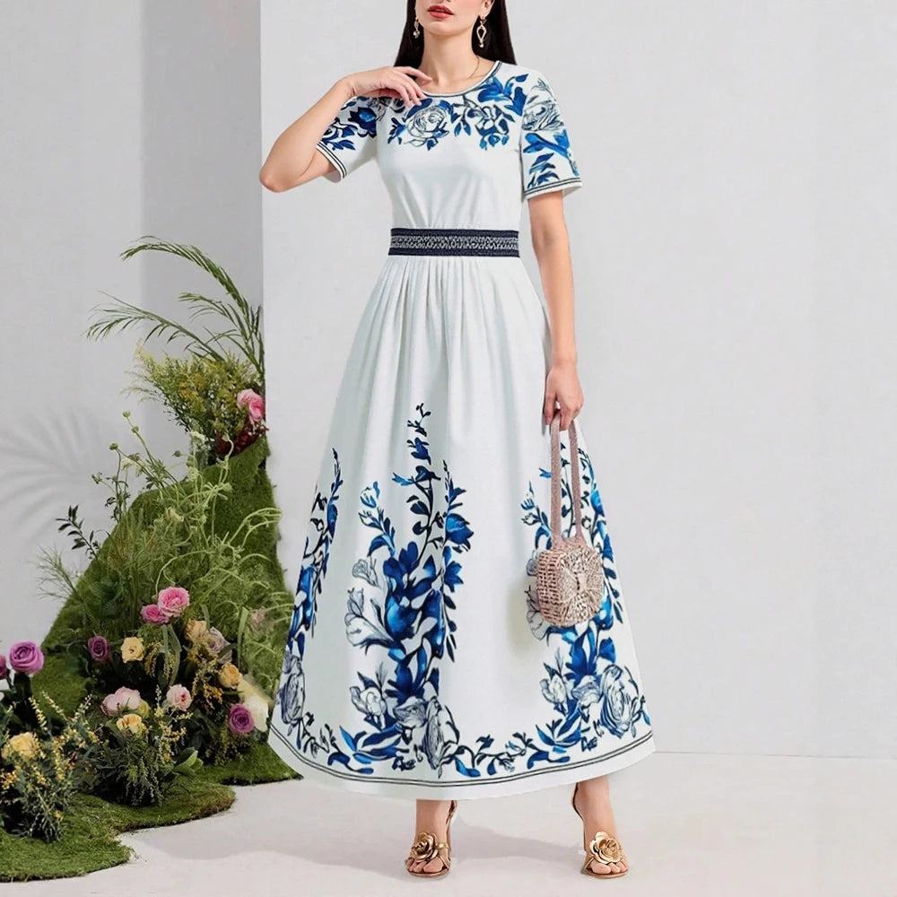 Rafiah Women's Arabian Dress Spring Summer Fashion Floral Short Sleeve Round-Neck A-Line Arabian Dress For Women