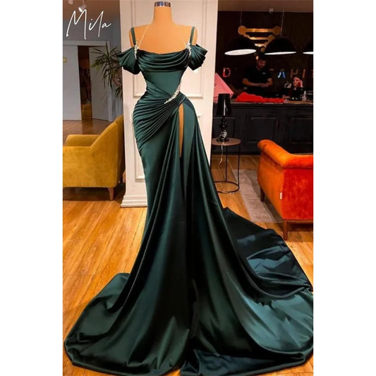 Mila Spaghetti Strap Wedding Party Dresses Customized Side High Split Evening Dresses Mermaid Court Train vestidos de fiesta