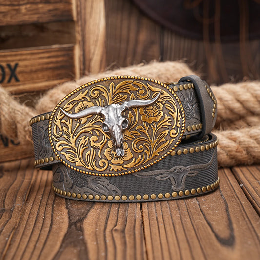 Western Cowboy PU Leather Belt - Men Waist Strap Bull Decoration Floral Engraved for Jeans