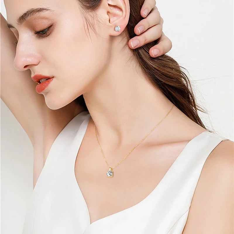 18k Gold Plated 3.0CTW D Color Moissanite Diamond Jewely Set for Woman Sliver 925 Chain Pendant Necklace Stud Earrings Set Gift