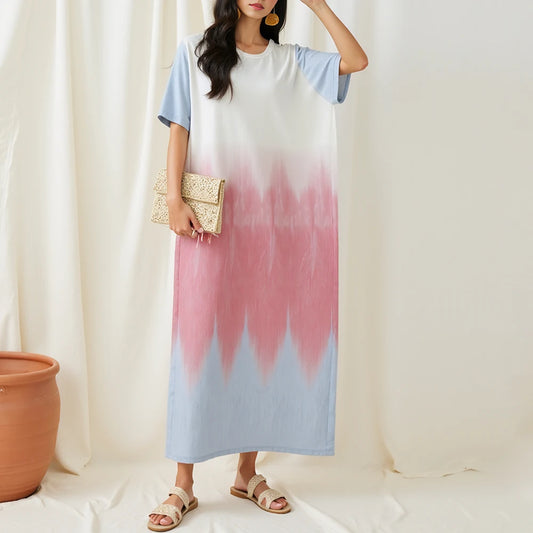 Rafiah Women's Summer Arabian Dress 2025 Modest Fashion Gradient Short Sleeve Round-Neck Midi Daily Shift Dresses