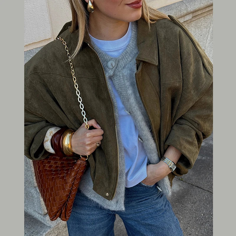 Street Women's Suede Bomber Jacket Fashion Lapel Zipper Full Sleeve Female Coats 2025 Spring Lady Casual Commute Vintage Outwear