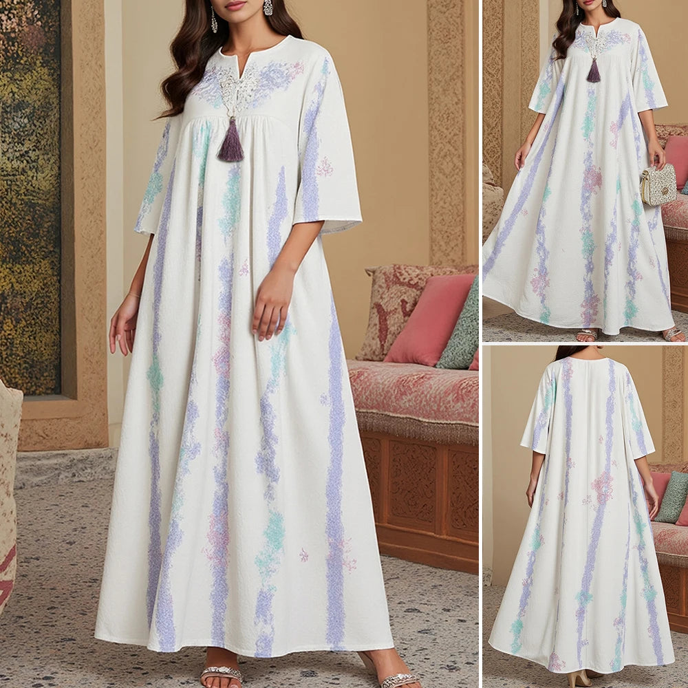Rafiah Summer Arabian Dress 2025 Women's Decent Full Print Tassel Short Sleeve Split Neck Draped Daily Basic Midi Dress