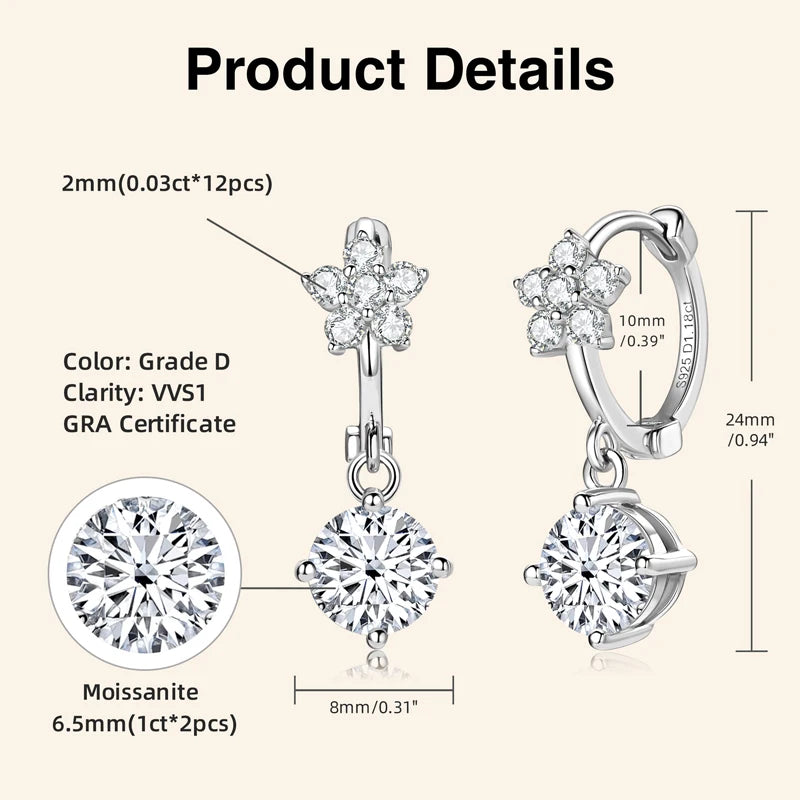 Lnngy Moissanite Flower Earrings For Women 925 Sterling Silver Round Cut Moissanita Dangle Earring Wedding Party Jewelry Gift