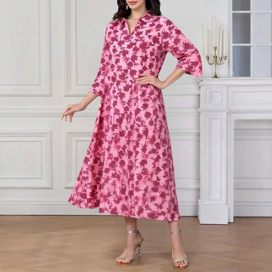 Rafiah Women's Dresses Summer Comfortable 2025 Full Print Casual Long Sleeve Shirt Collar A-Line Midi Vacation Long Dresses