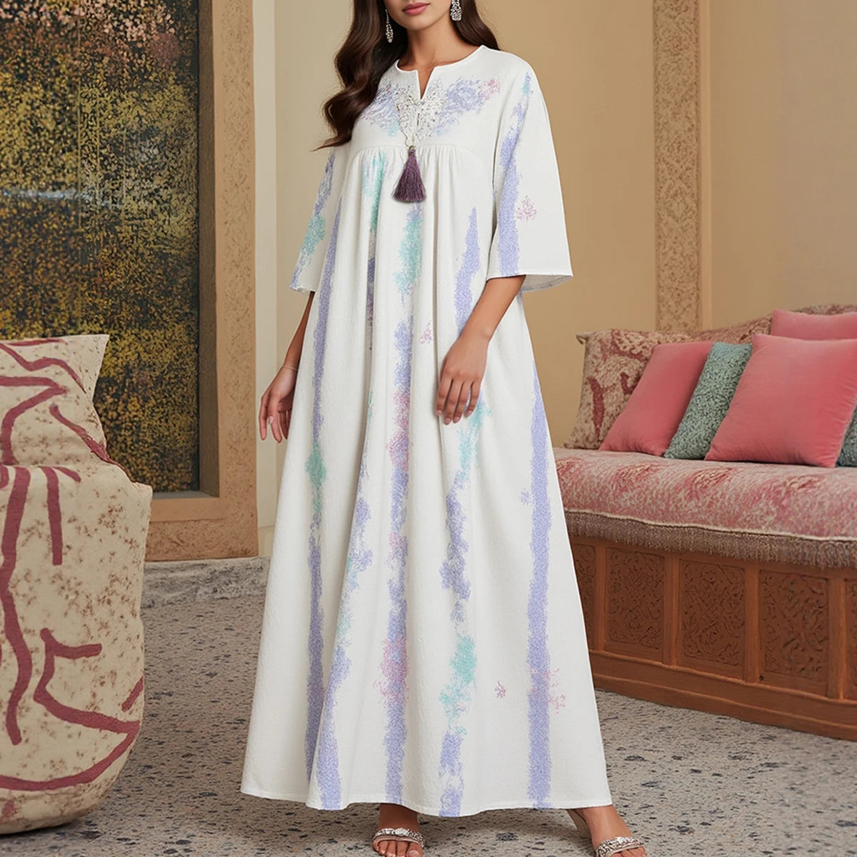 Rafiah Summer Arabian Dress 2025 Women's Decent Full Print Tassel Short Sleeve Split Neck Draped Daily Basic Midi Dress