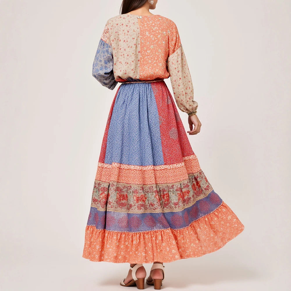 Rafiah Women's Dresses Summer Elegant 2025 Contrast Color Cultural Print Long Sleeve Round Neck A-Line Midi Vacation Long Dress