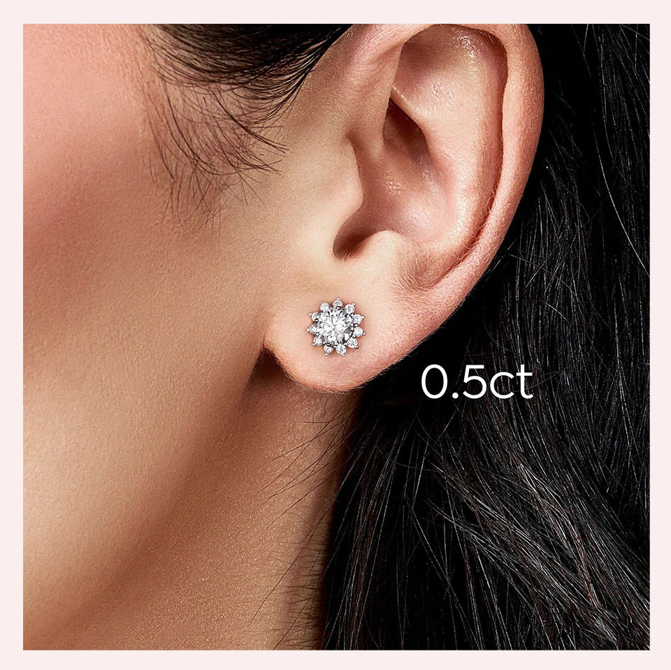 GRA Moissanite Diamond Unusual Halo Sun Flower Stud Earrings for Women 925 Sterling Silver Solitaire Wedding Party Fine Jewelry