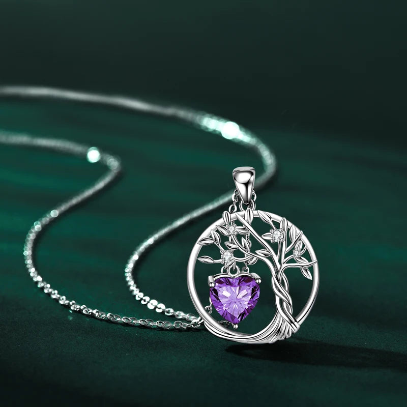 Lnngy 925 Sterling Silver Tree of Life Circle Pendant Necklace Colorful Birthday Stone Necklaces Jewelry for Women Daily Gift