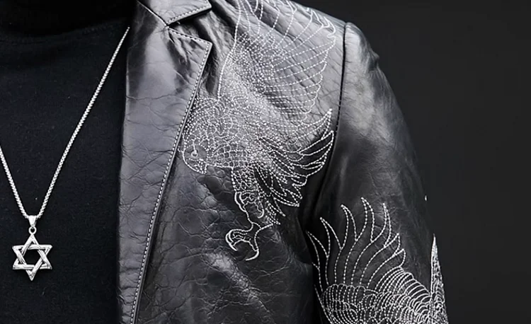 Business Men Fashion Eagle Embroidery Blazer Jacket Slim Fit Work Suit Coat Spring Autumn Natural Cowhide Genuine Leather Jacket
