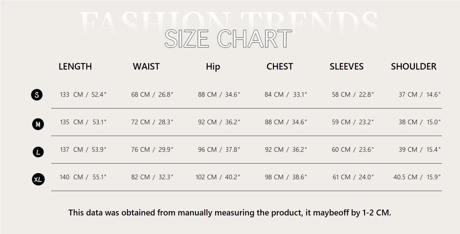 Size chart for a fashion item with measurements in centimeters and inches.