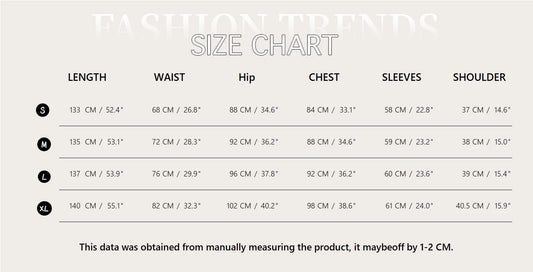 Size chart for a fashion item with measurements in centimeters and inches.