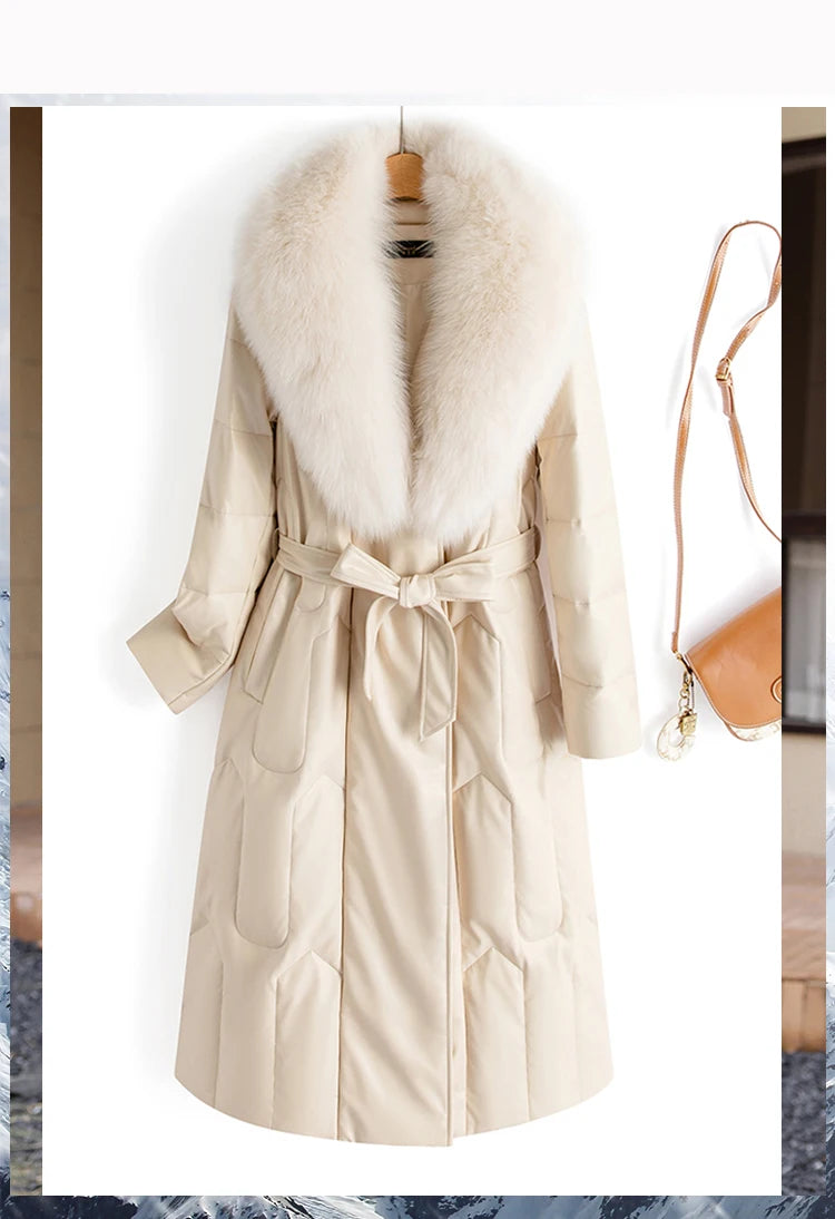 New Women Winter Leather Down Coat Fashion Real Fox Fur Collar Slim Waist Long Leather Coat Casual Thick Warm Overcoat