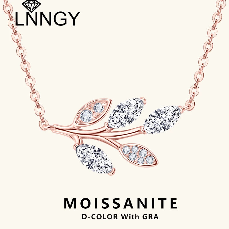 Lnngy Certified GRA Marquise Cut Moissanite Leaf Pendant Necklace Real Silver Chain 925 For Women Exquisite Neck Jewelry Gift