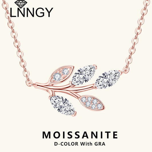 Lnngy Certified GRA Marquise Cut Moissanite Leaf Pendant Necklace Real Silver Chain 925 For Women Exquisite Neck Jewelry Gift
