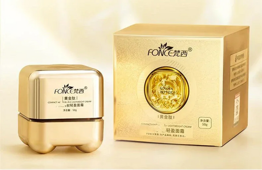 Gold skincare product and packaging with 'Fonce' branding on a beige background