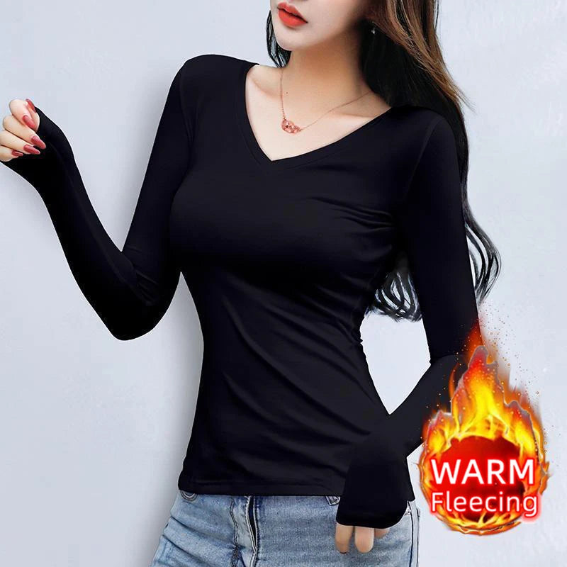 O Neck Long Sleeve Fleeceing Heating Fiber Thermal Basic T-Shirts Women Winter Bottoming Cropped Tops Casual Skinny All-match