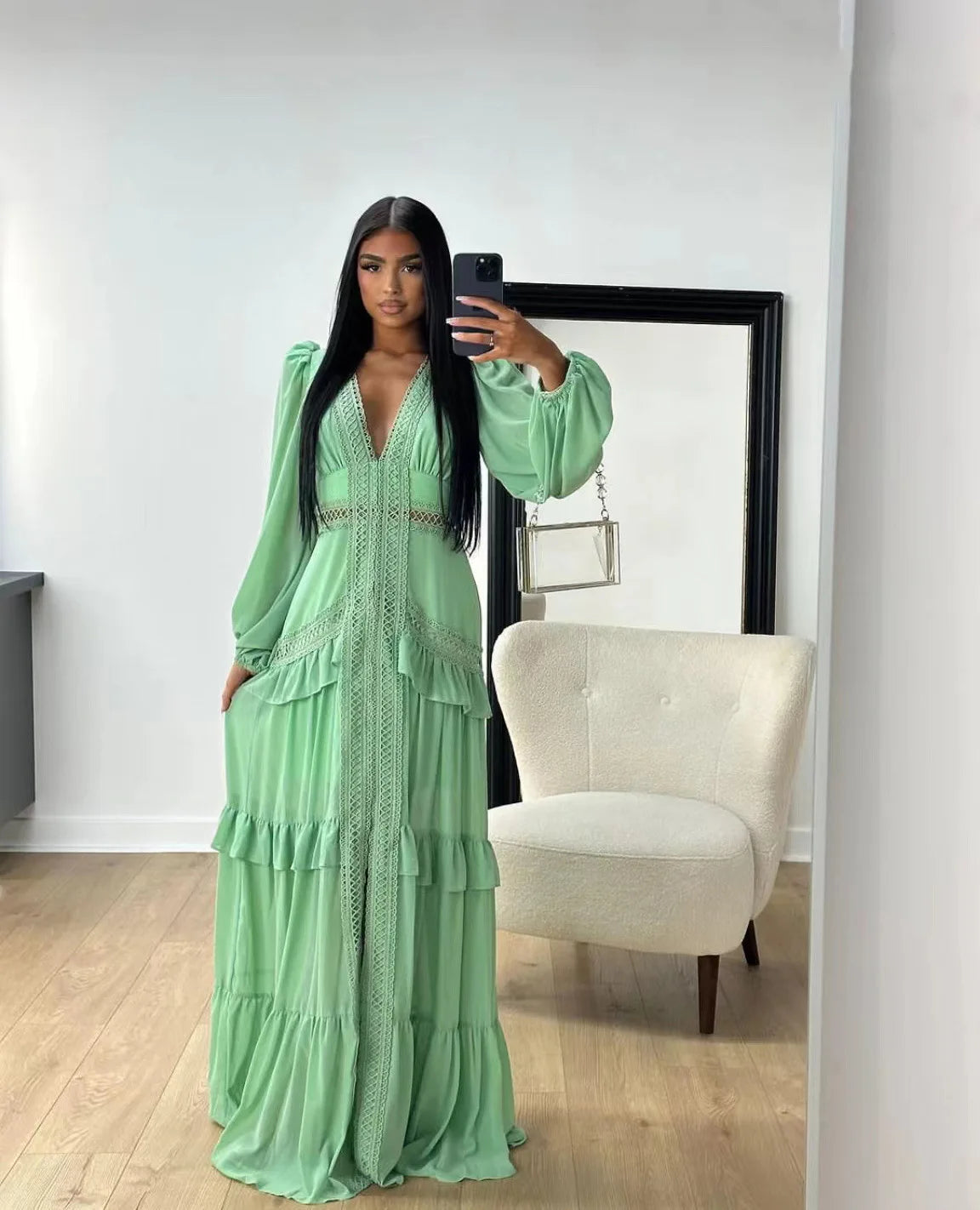 Maxi Dress Ruffles Long Sleeve Hollow Out Evening Dresses Party Chic Robe Green Blue Purple New In Holiday Summer