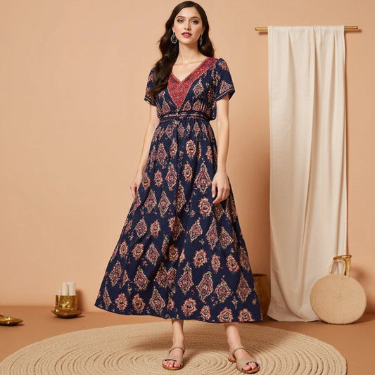 Rafiah Summer Women's Arabian Dresses 2025 Traditional Elegant Geometric Print Short Sleeve V-Neck A-Line Evening Dresses