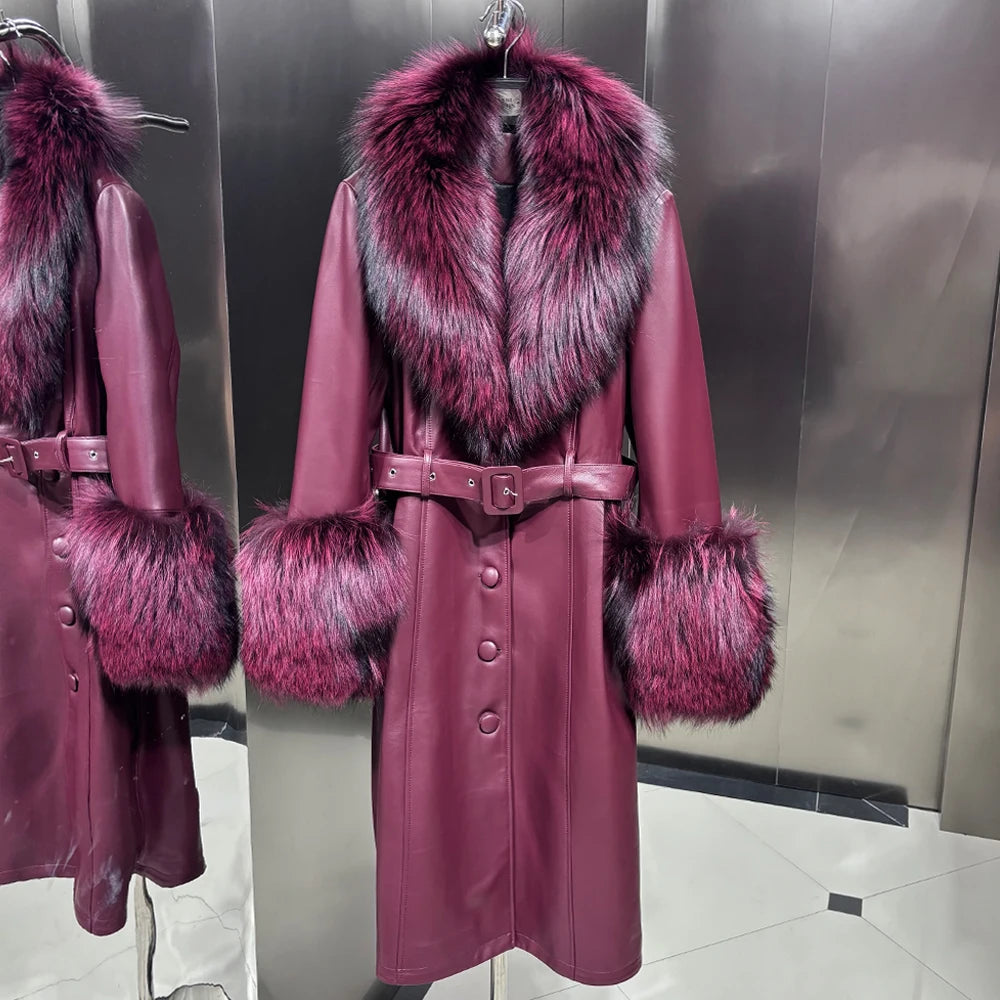 Black Leather Jacket With Fox Fur Collar Real Sheepskin Long Leather Jackets Leather Jacket Women 2025 Winter