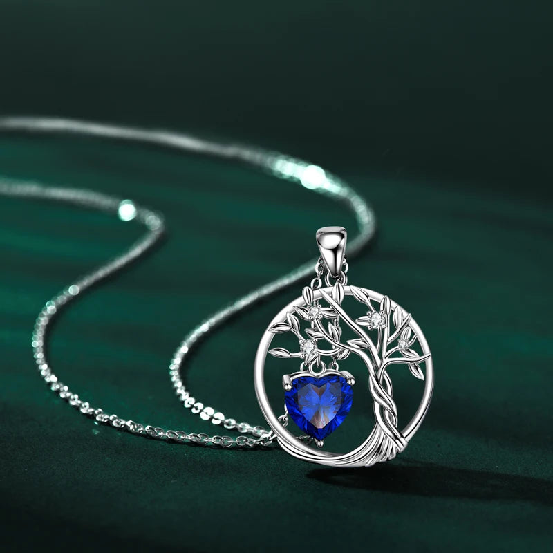 Lnngy 925 Sterling Silver Tree of Life Circle Pendant Necklace Colorful Birthday Stone Necklaces Jewelry for Women Daily Gift