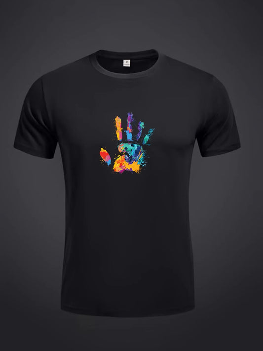 🖐️ Men’s Summer 100% Cotton Casual T-Shirt,Colorful Handprint Pattern | Loose Fit | Round Neck | Breathable Comfort