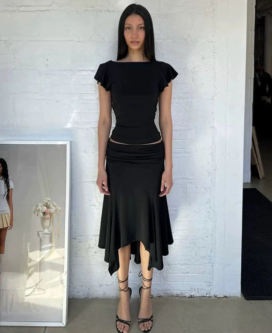 Guizio  black low-waist pleated midi skirt with an irregular hemline one-shoulder ruffled short-sleeved top
