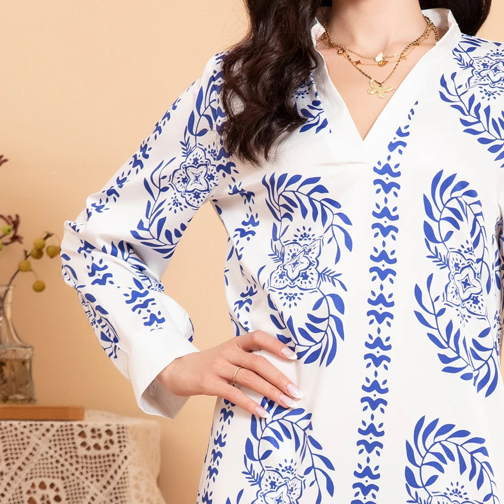 Rafiah Summer Dress 2025 Full Print Women's Elegant Long Sleeve V-Neck A-Line Maxi Dating Arabian Dress