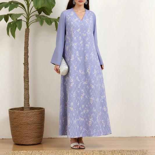 Rafiah Women's Dresses Summer Elegant Decent 2025 Long Sleeve Full Print V-Neck A Line Casual Long Dress