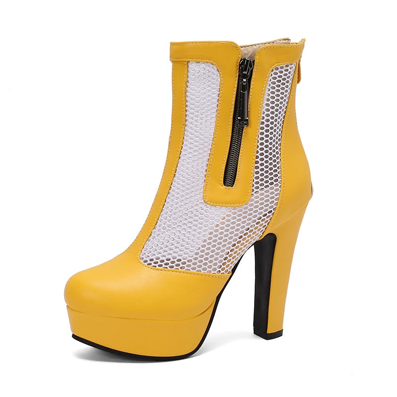 Women’s Summer Ankle Boots – Handmade Mesh + PU Leather – Closed Toe – Platform High Heel – Zip Up – Sizes 4.5–18