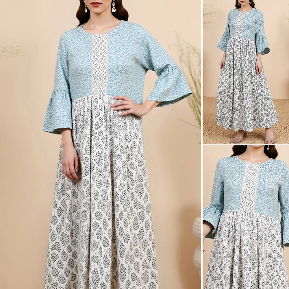Rafiah Autumn Dresses 2025 Women's Comfortable Full Print Flare Sleeve Round Neck Daily Basic A-Line Long Arabian Dresses