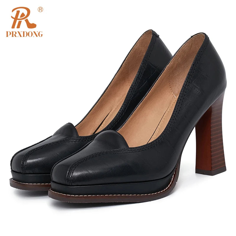 Women’s Genuine Leather Retro Platform High Heels – Black & Brown
