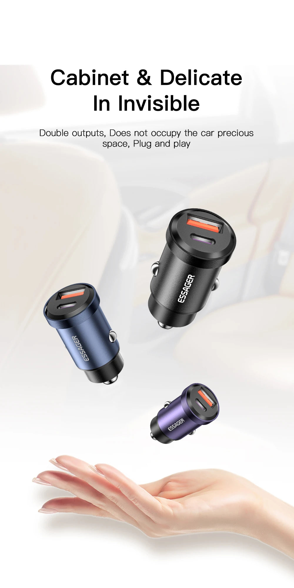 شاحن سيارة Essager USB 30 وات، شحن سريع 4.0، QC PD 3.0 SCP 5A، USB Type C، شحن سريع للسيارة، مناسب لأجهزة iPhone 14 13، Huawei، Samsung، Xiaomi