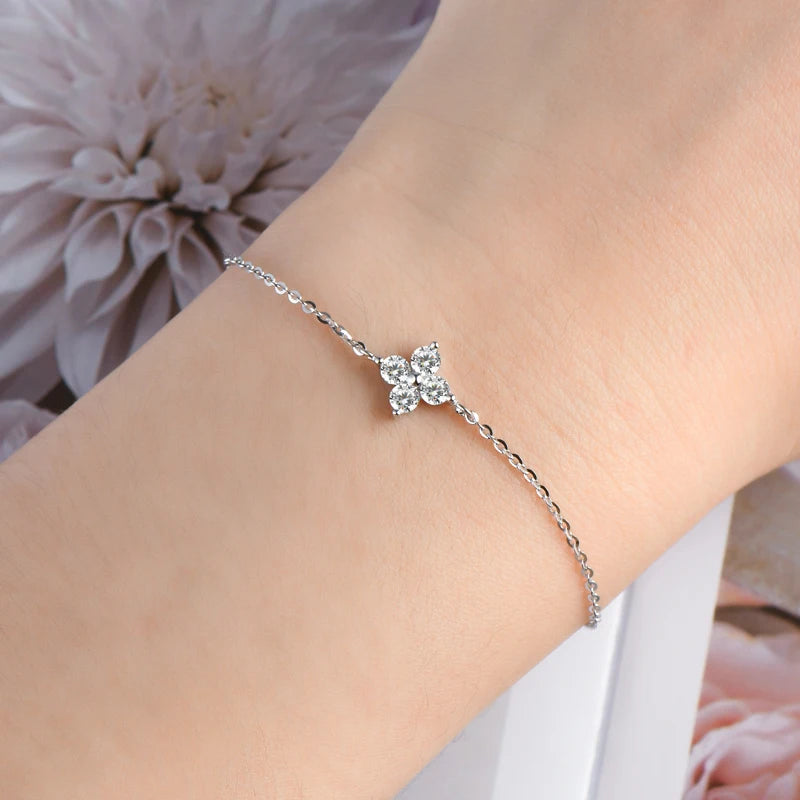 Lnngy Moissanite Four Leaf Flower Chain Bracelet for Women 925 Sterling Silver Niche Simple Desgin Bracelets Jewelry Accessories