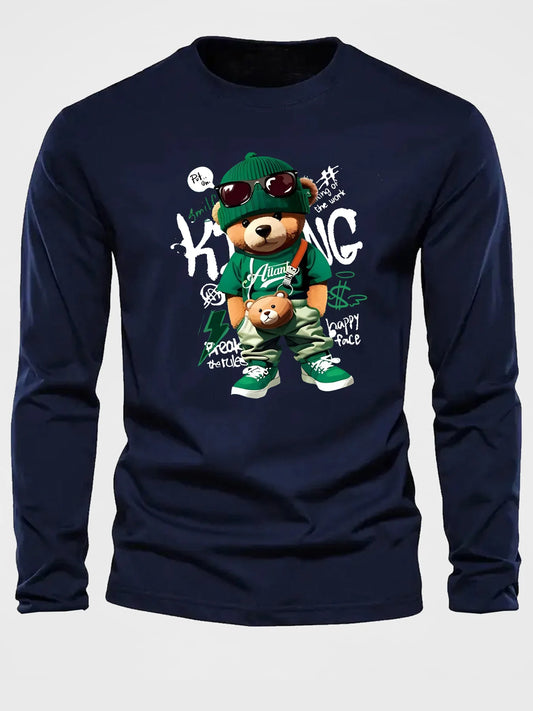Men's 100% pure cotton loose and comfortable sports casual fashion cartoon bear print round neck long sleeved T-shirt top