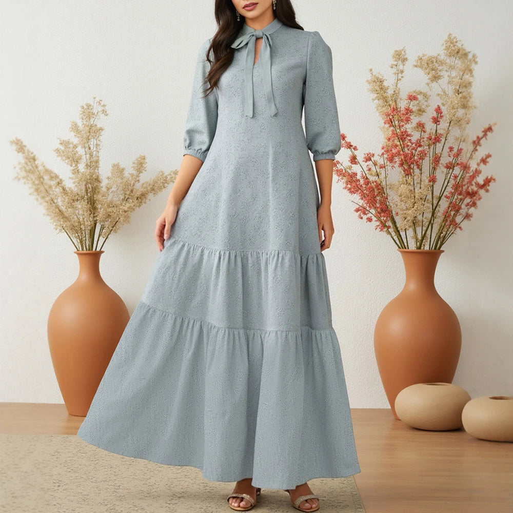 Rafiah Summer Dress 2025 Women's Simple Lace-Up Half Sleeve Crew Neck High Waist Casual A-Line Long Arabian Dress