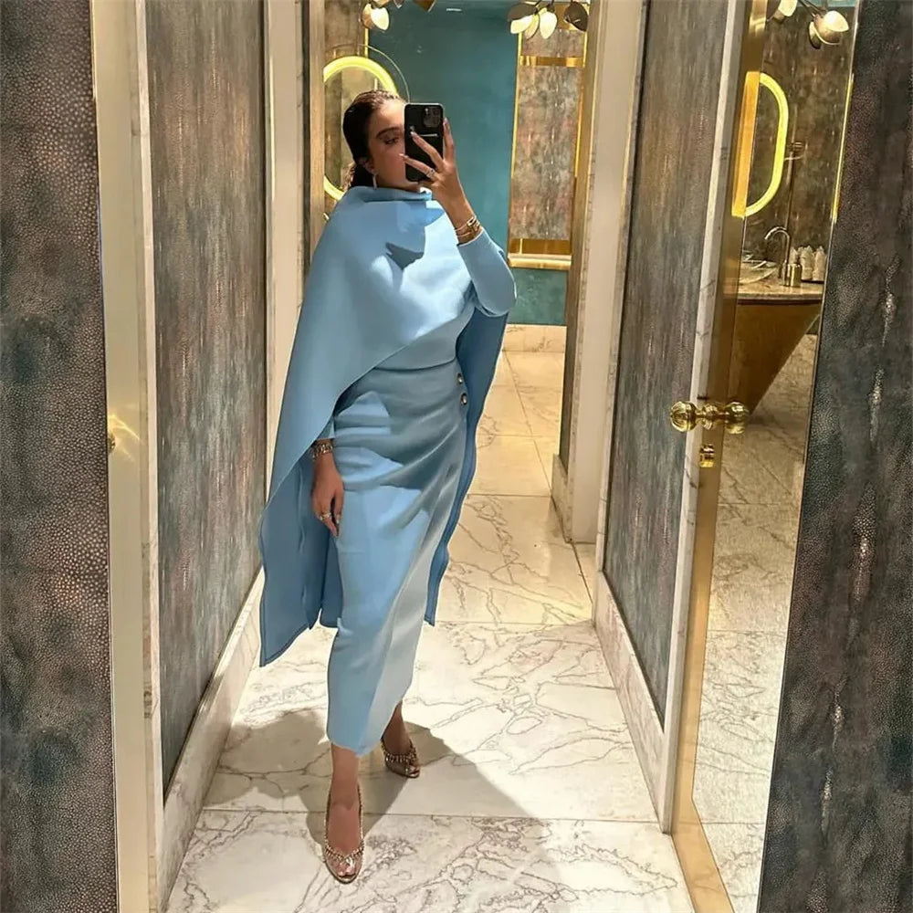 Mila Blue High Neck Long Sleeve  Party Dresses Empire Waist Satin Evening Dresses Detachable Shawl Customized Prom Dresses 2025