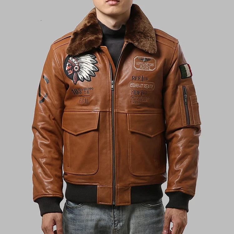 Sheepskin G1 Pilot Clothing Leather Jacket Wool Collar Indian Portrait Embroidery men's Genuine Leather coat Casual Fashion top