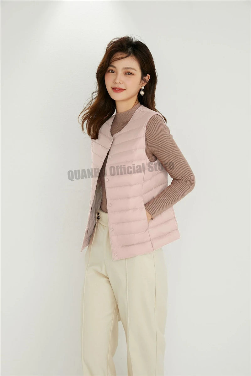 Women Sleeveless Puffer Vest Women's Ultra Light Down Vest Women Two Ways Waistcoat Portable Warm Sleeveless Winter Liner