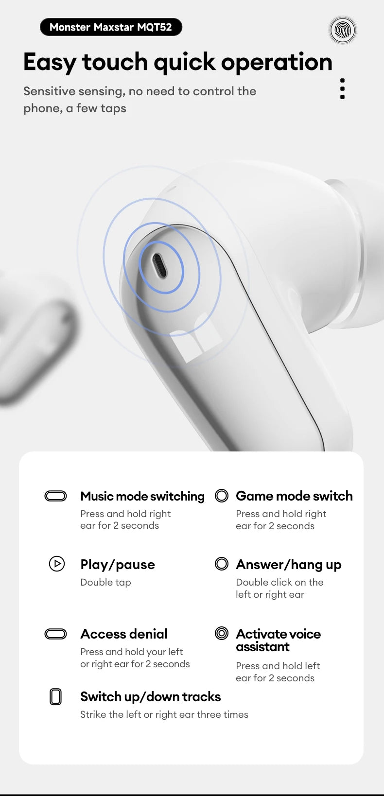 Monster MQT52 Wireless Bluetooth 5.4 Earphones Long Battery Life Gaming Headphones Dual Mode HIFI Stereo Sound Headset With Mic