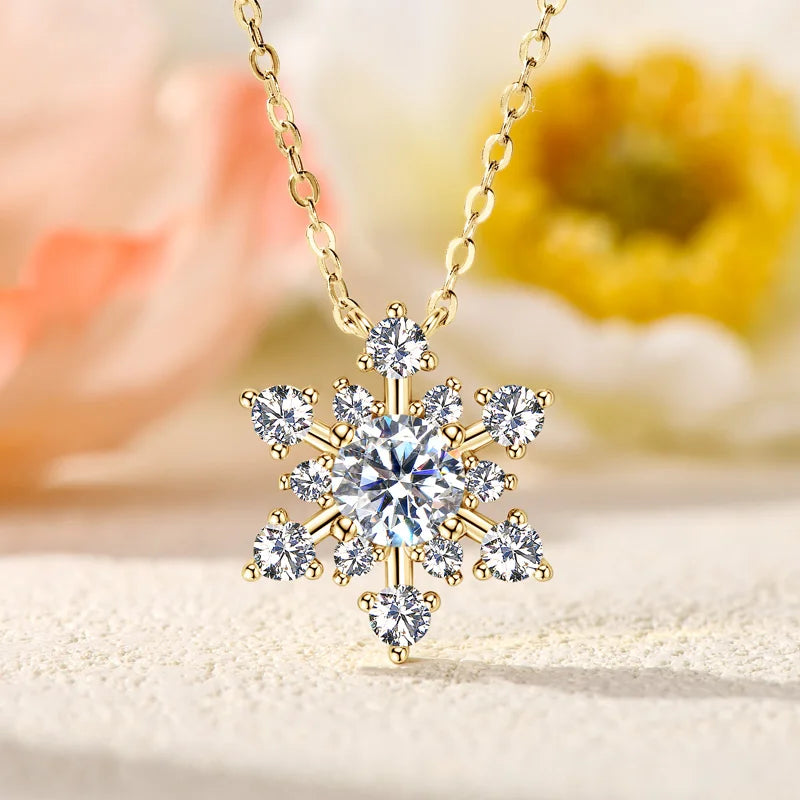 Lnngy Bling 6.5mm&3mm&2mm Moissanite Necklace 925 Sterling Silver Snowflake Pendant Necklaces for Women Christmas Jewelry Gift