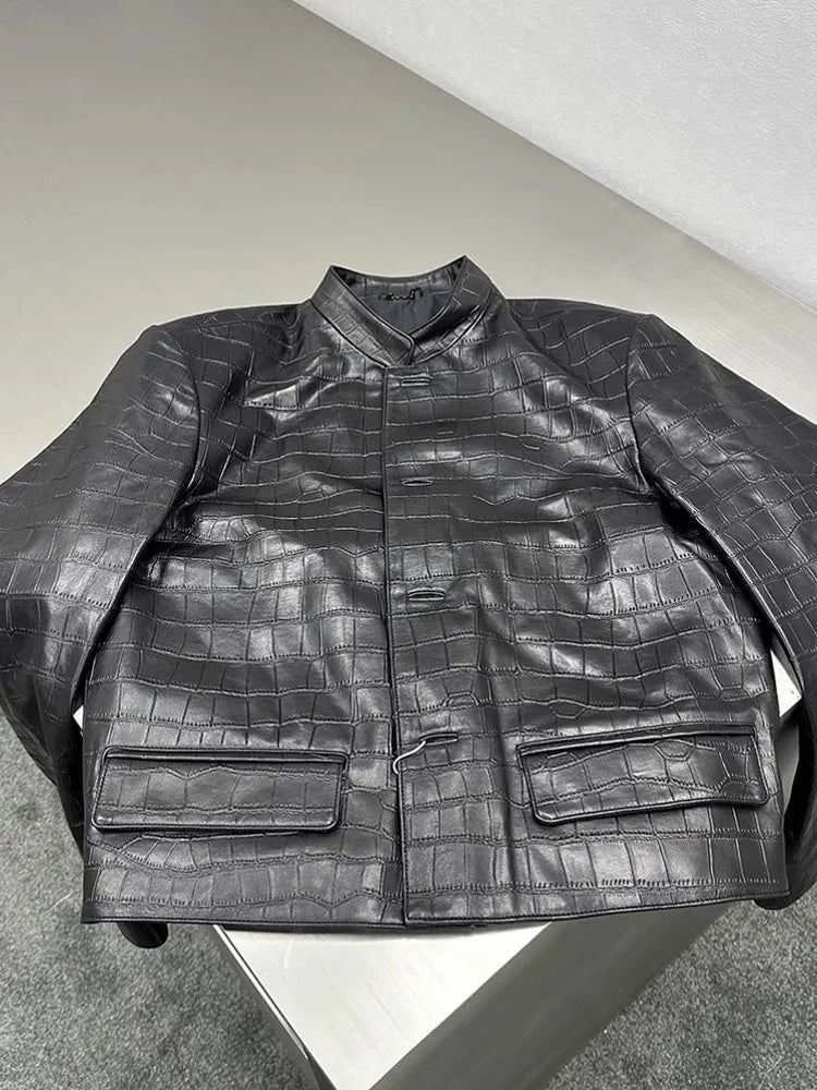 Male Genuine Leather Jackets New Chinese Zhong Shan Suit Slim Fit Handsome Casual Autumn Crocodile Print Natural Sheepskin Coat